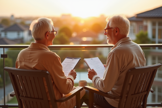 Couple senior heureux sur leur balcon en retraite