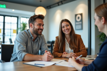 Jeune couple souriant avec conseiller bancaire moderne