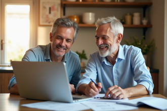 Couple souriant à la cuisine pour un article sur le titre
