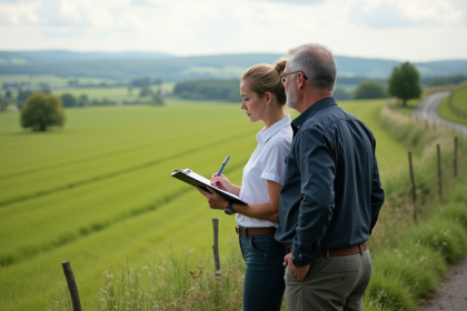 Couple d'adultes en extérieur dans un paysage rural verdoyant