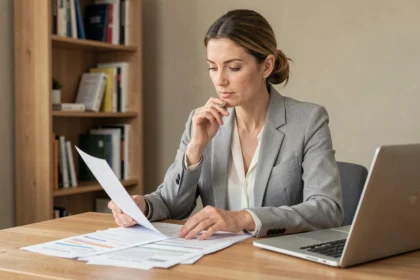 Femme consultant des documents fiscaux et reçus de frais repas sur un bureau en bois pour sa déclaration d'impôts en frais réels
