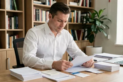 Homme consultant ses notes de frais de repas et documents fiscaux sur un bureau en bois pour optimiser sa déclaration d'impôts
