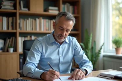 Propriétaire vérifiant des documents de taxe foncière à son bureau pour une résidence secondaire