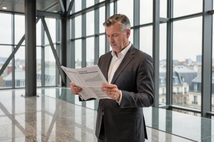 Dirigeant financier devant un immeuble de verre parisien tenant des rapports boursiers, illustrant la gouvernance d'EPA CDI dans la galaxie Arnault