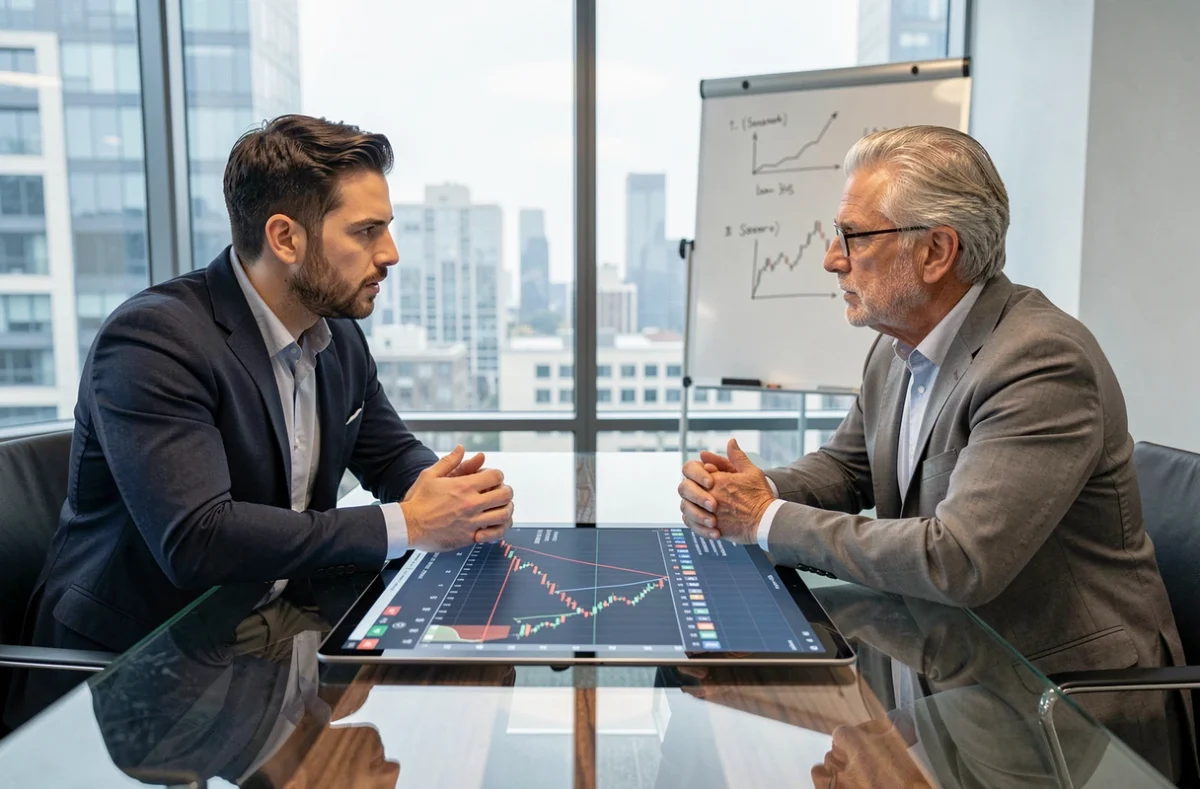 Deux traders discutant des erreurs classiques d'un double bottom sur une tablette en salle de réunion