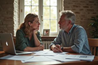 Siblings sérieux discutant à une table avec documents et ordinateur