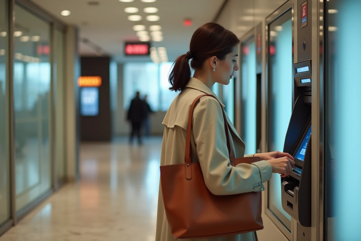 Femme utilisant un distributeur automatique de billets à l'intérieur d'une agence bancaire française