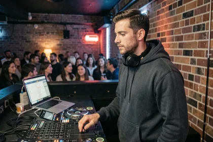 DJ professionnel derrière sa table de mixage dans un club parisien, illustrant les revenus réels d'un DJ en France