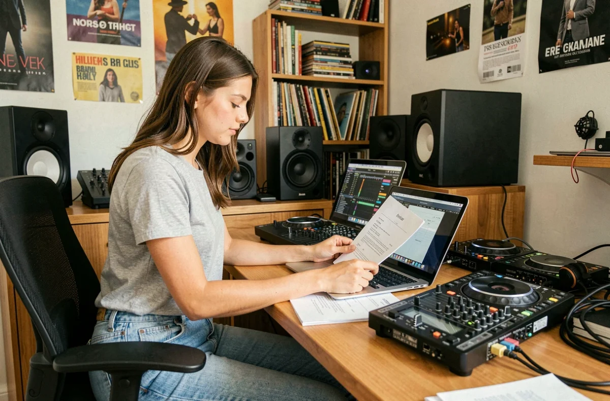 DJette dans son studio maison consultant ses revenus et contrats, représentant la réalité financière du métier de DJ en France