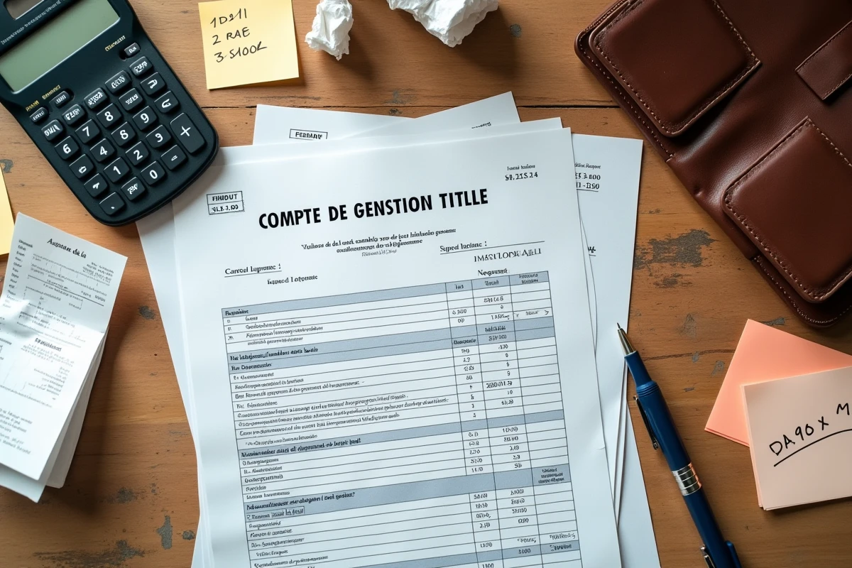 Vue aérienne de documents administratifs de tutelle, reçus et calculatrice sur une table en bois, illustrant des erreurs de frais