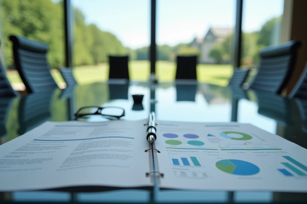 Documents juridiques et rapports financiers d'entreprises ouverts sur une table de conférence en verre dans une salle de réunion moderne