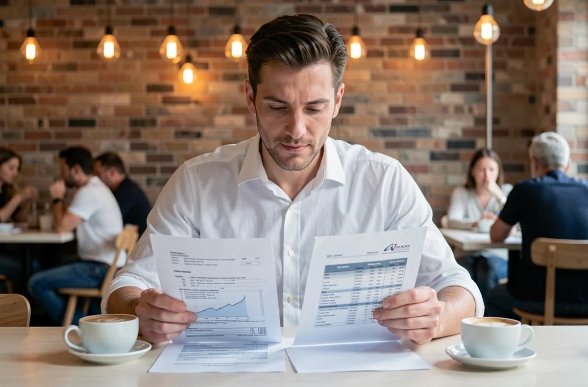 Écrivain comparant les contrats d'édition traditionnelle et les revenus de l'auto-édition dans un café