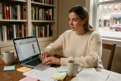 Auteure auto-éditée analysant ses revenus de vente sur un ordinateur portable dans un bureau à domicile entouré de manuscrits
