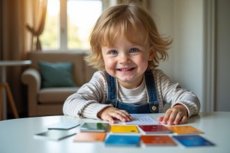 Jeune enfant de 12 ans examine des cartes bancaires colorées