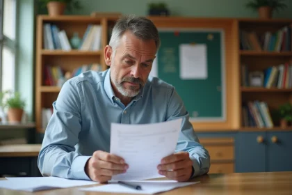 Professeur concentré sur une fiche de paie dans une salle de personnel