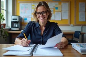 Enseignante de l'éducation nationale consultant un tableau de paye imprimé sur son bureau en salle des professeurs