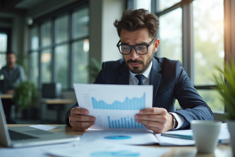 Entrepreneur inquiet analysant des graphiques financiers en bureau