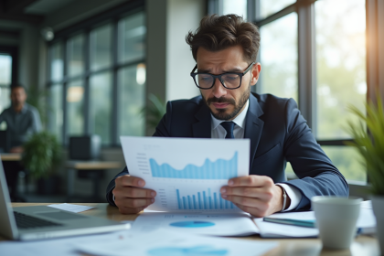 Entrepreneur inquiet analysant des graphiques financiers en bureau