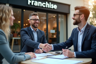 Entrepreneur confiant serrant la main d'un partenaire devant une boutique moderne