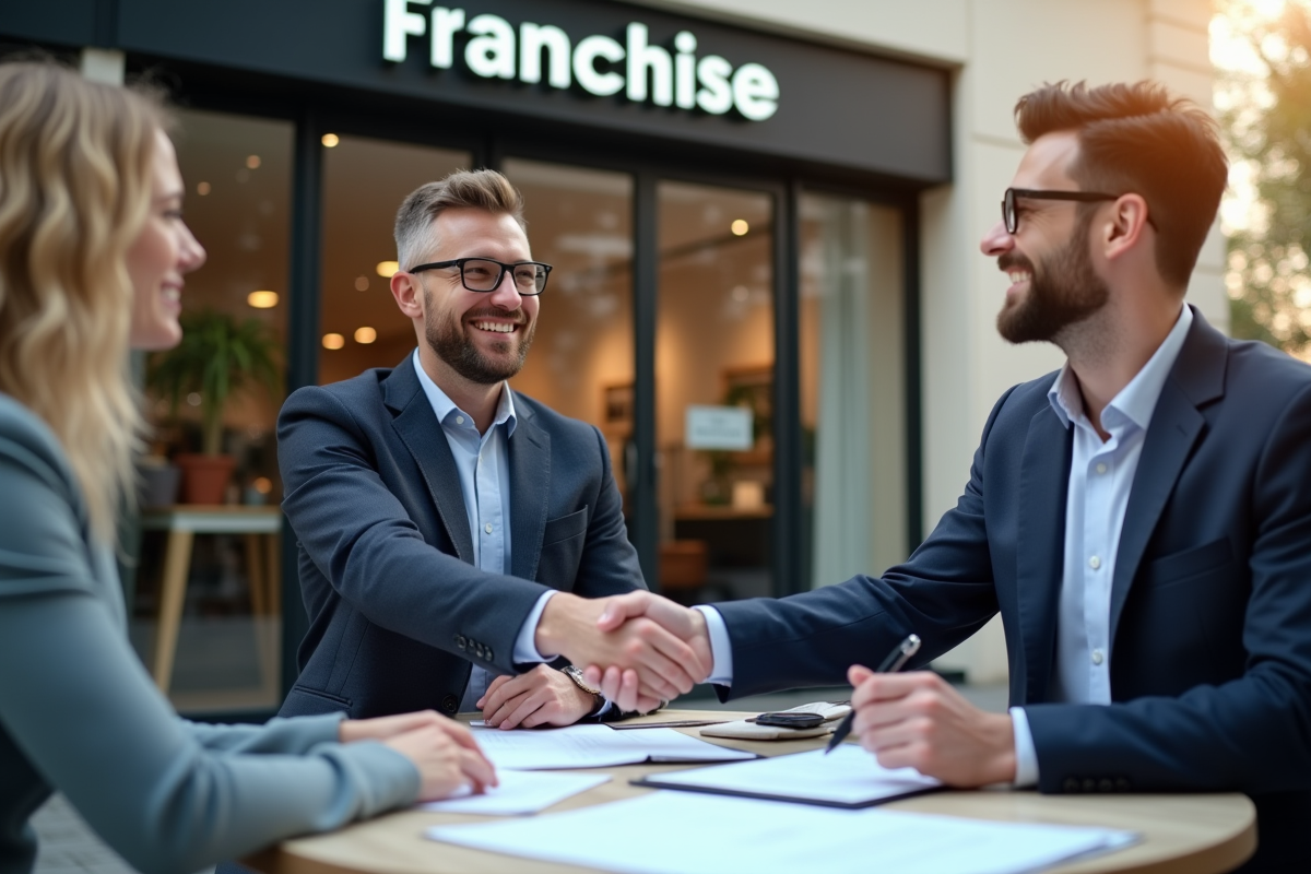 Entrepreneur confiant serrant la main d'un partenaire devant une boutique moderne