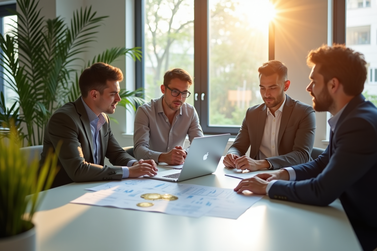 Groupe de personnes analysant des diagrammes blockchain en réunion