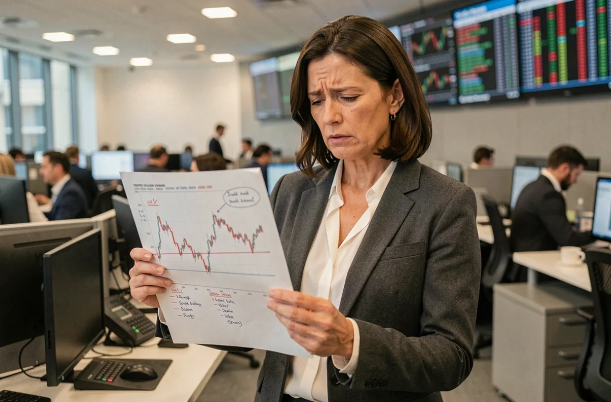 Trader femme examinant un graphique imprimé d'une erreur de trade sur pattern double bottom dans un open space financier