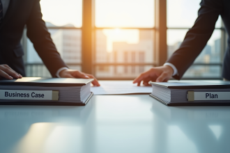 Espace de travail professionnel avec deux personnes discutant de documents