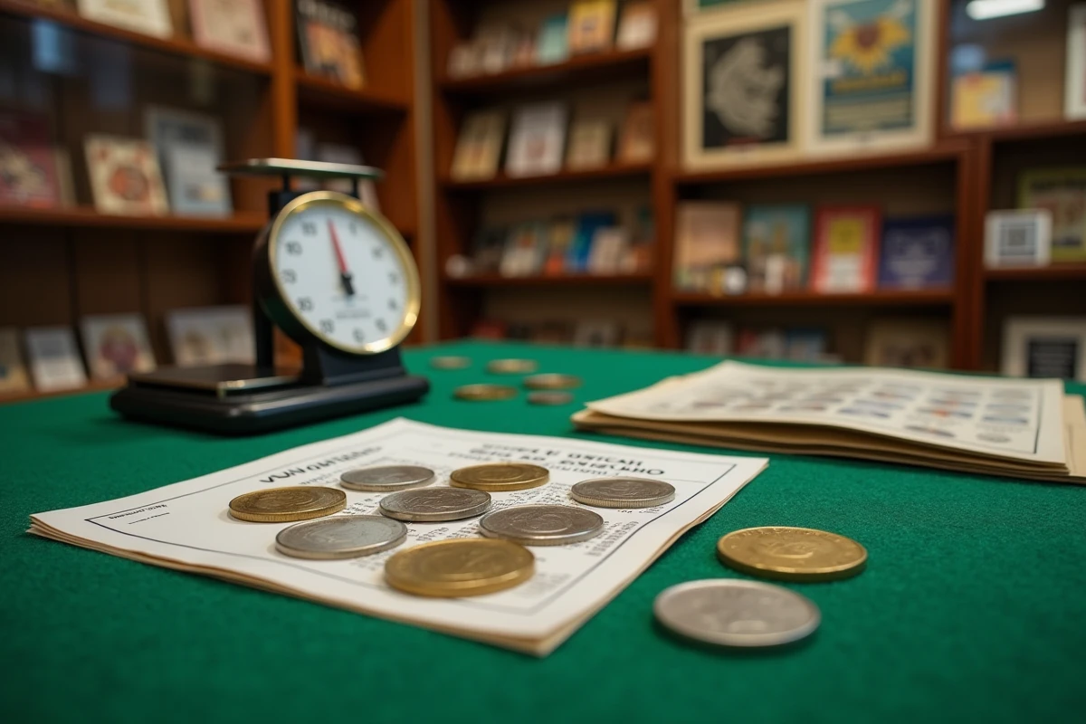 Pièces 50 Francs 1977 argent sur table de marchand avec catalogue de cotes et balance de précision
