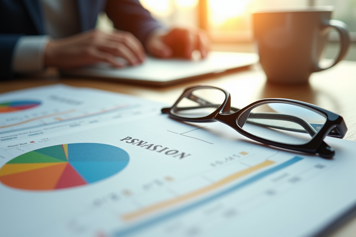 Relevé de pension avec graphique en pie chart et lunettes sur bureau