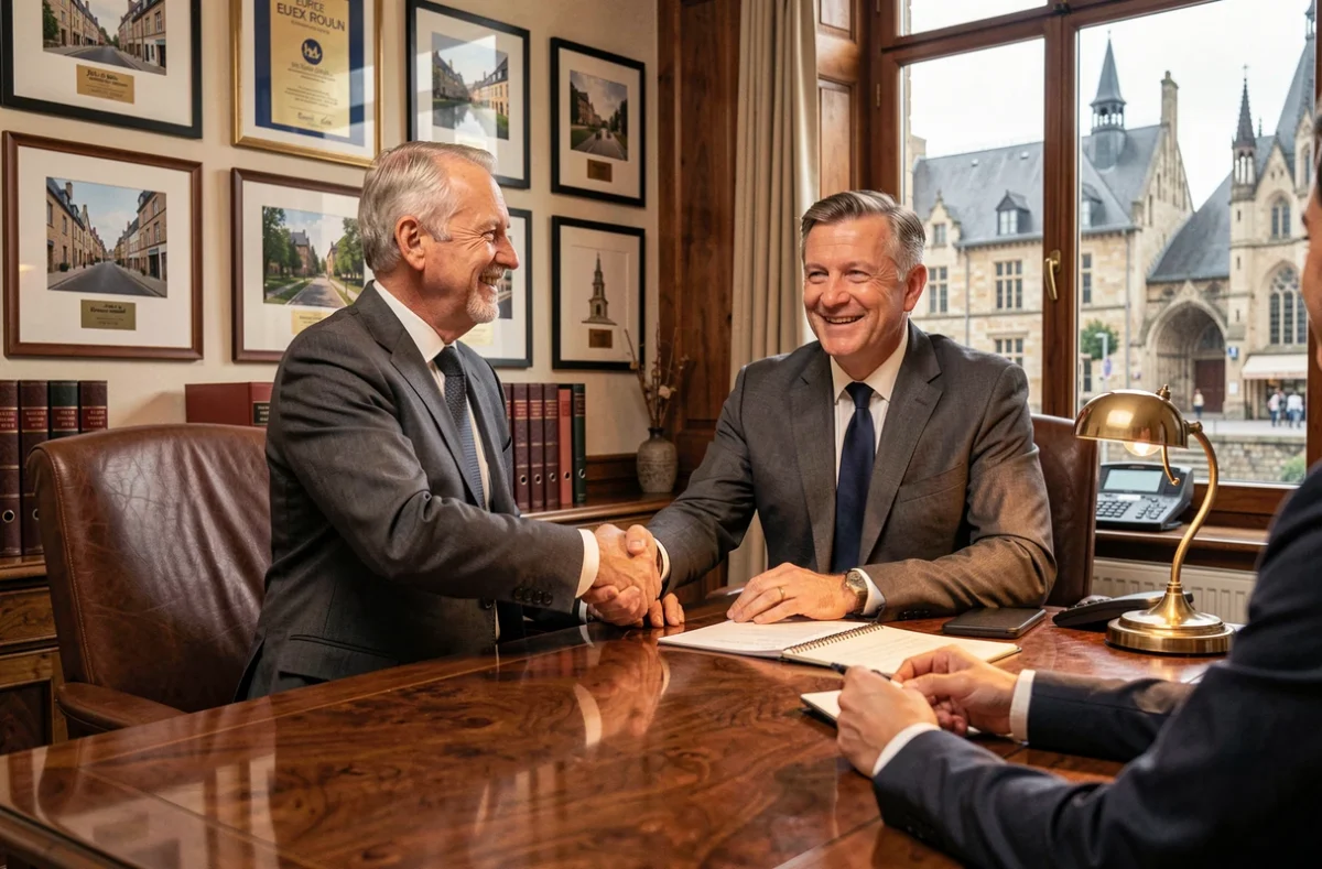 Consultant senior d'Eurex Rouen serrant la main d'un client dans un bureau élégant et traditionnel avec vue sur le quartier historique de Rouen