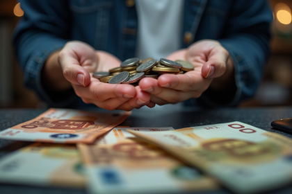 Personne échangeant des pièces d euro contre des billets à un guichet moderne