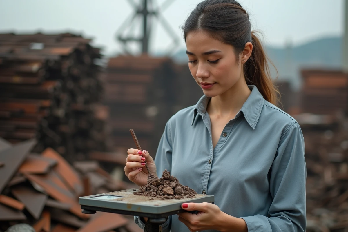 Jeune femme inspectant des métaux oxydés dans une décharge