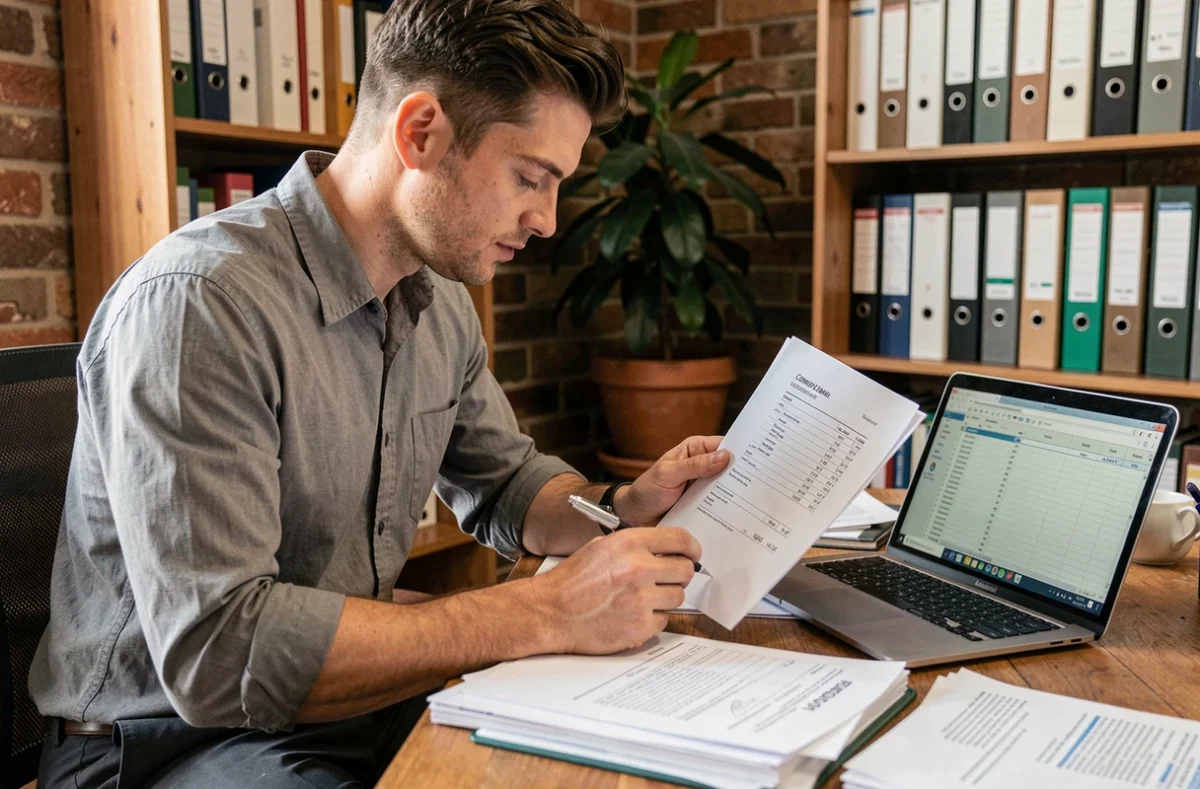 Entrepreneur analysant une facture commerciale liée à un paiement comptant selon le code de commerce