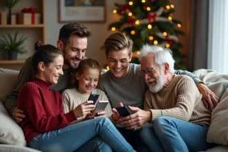 Famille souriante préparant une liste de cadeaux de Noël