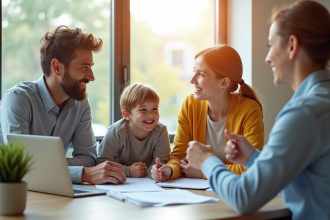 Famille souriante rencontrant une assistante sociale dans un bureau lumineux