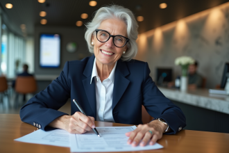 Femme d'affaires de 50 ans remplissant un formulaire dans une banque