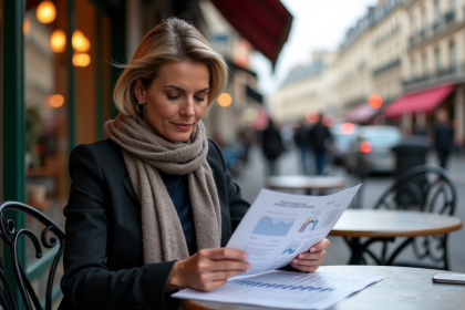 Femme d'affaires à Paris lisant un rapport économique