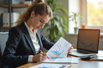 Femme d'affaires analysant des graphiques financiers dans un bureau lumineux