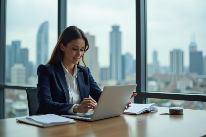 Femme d'affaires en costume dans un bureau moderne
