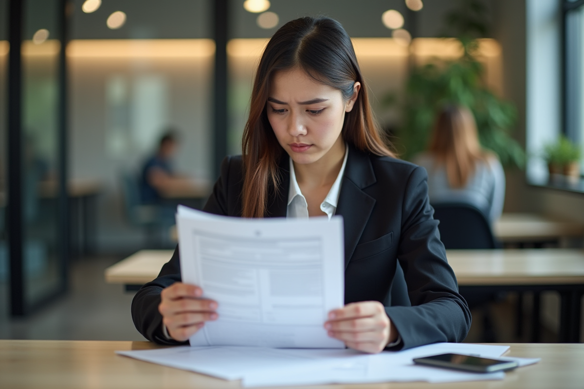 Jeune femme d affaires analysant des documents dans un espace de coworking