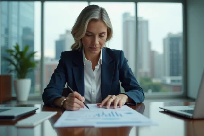 Femme d'affaires analysant des documents de financement commercial dans un bureau moderne avec vue sur la ville