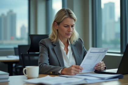 Femme d affaires regardant sa fiche de paie dans un bureau moderne