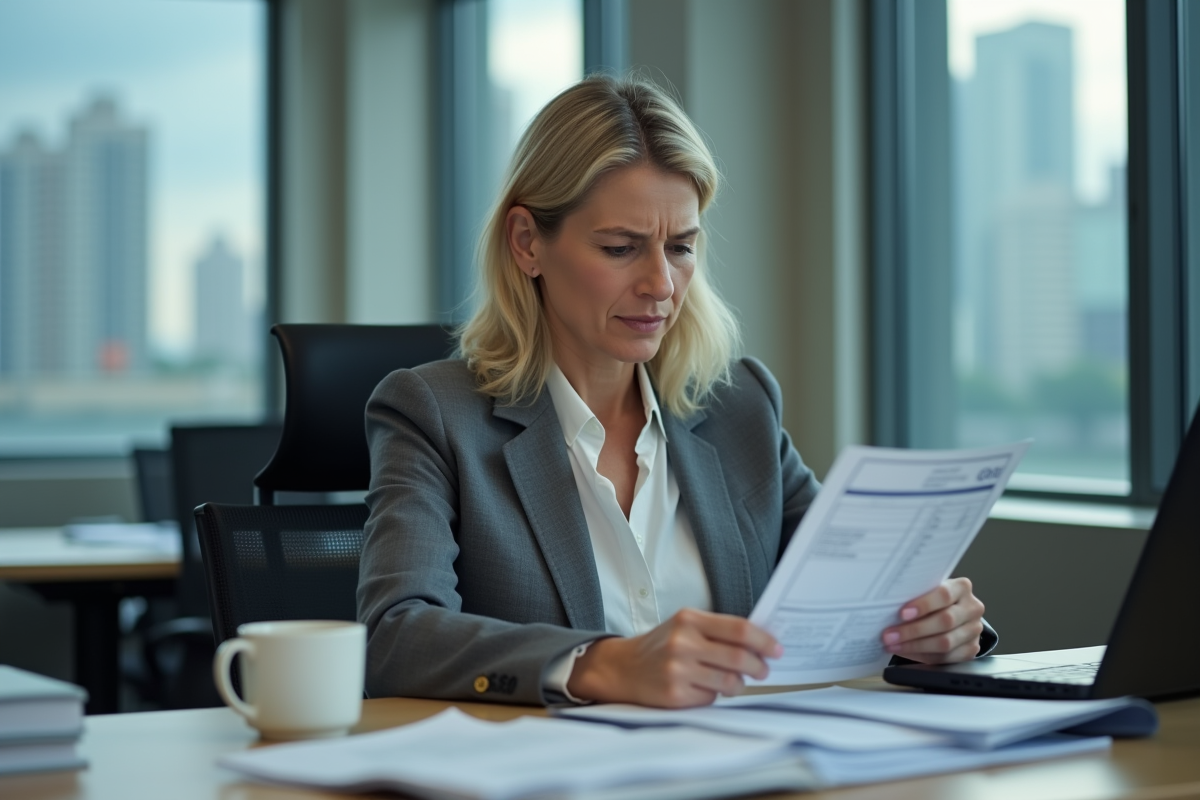Femme d affaires regardant sa fiche de paie dans un bureau moderne