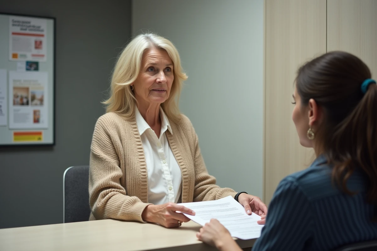 Femme seule renseignant ses droits au RSA auprès d'un conseiller dans une agence de services sociaux