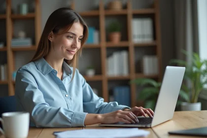 Femme consultant son espace bancaire en ligne sur un ordinateur portable pour ajouter un bénéficiaire de virement sur m.cmb.fr