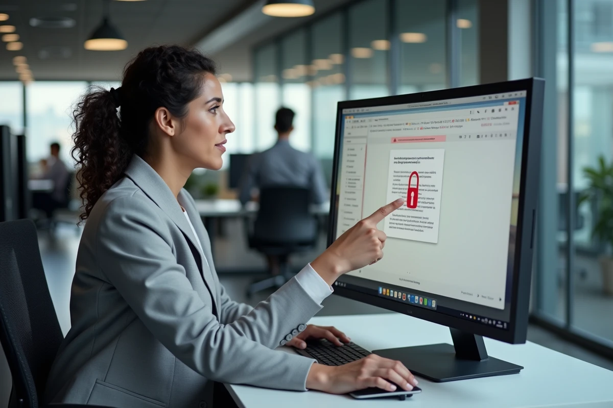 Femme en entreprise analysant un email suspect sur son écran d'ordinateur de bureau