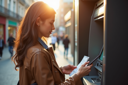 Jeune femme retirant de l'argent au distributeur avec son smartphone