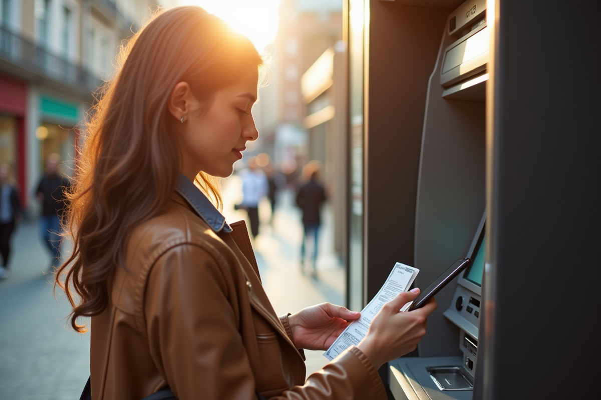 Jeune femme retirant de l'argent au distributeur avec son smartphone
