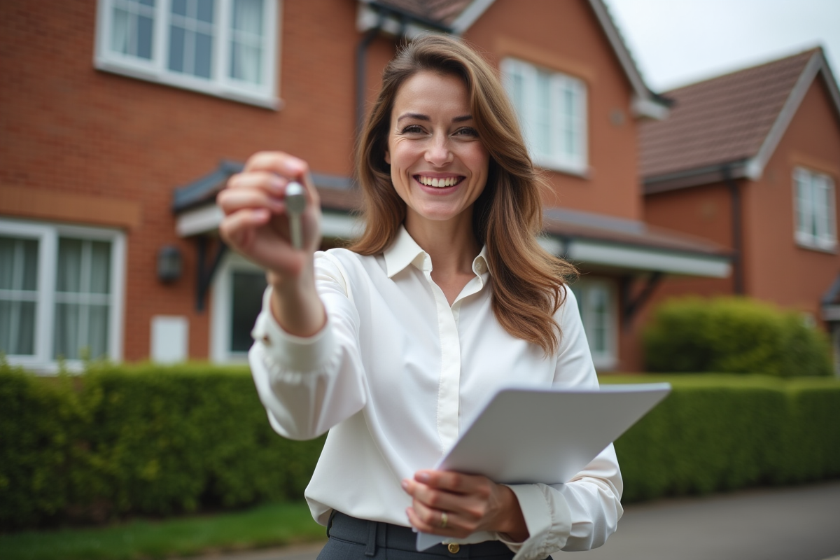 Femme souriante tenant des clés devant une maison récemment vendue