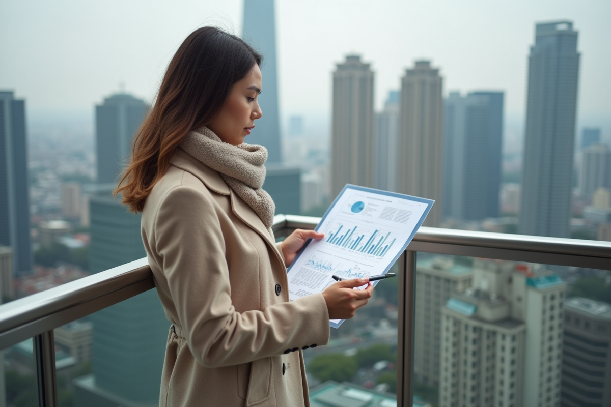 Jeune femme analysant un rapport financier sur un balcon urbain